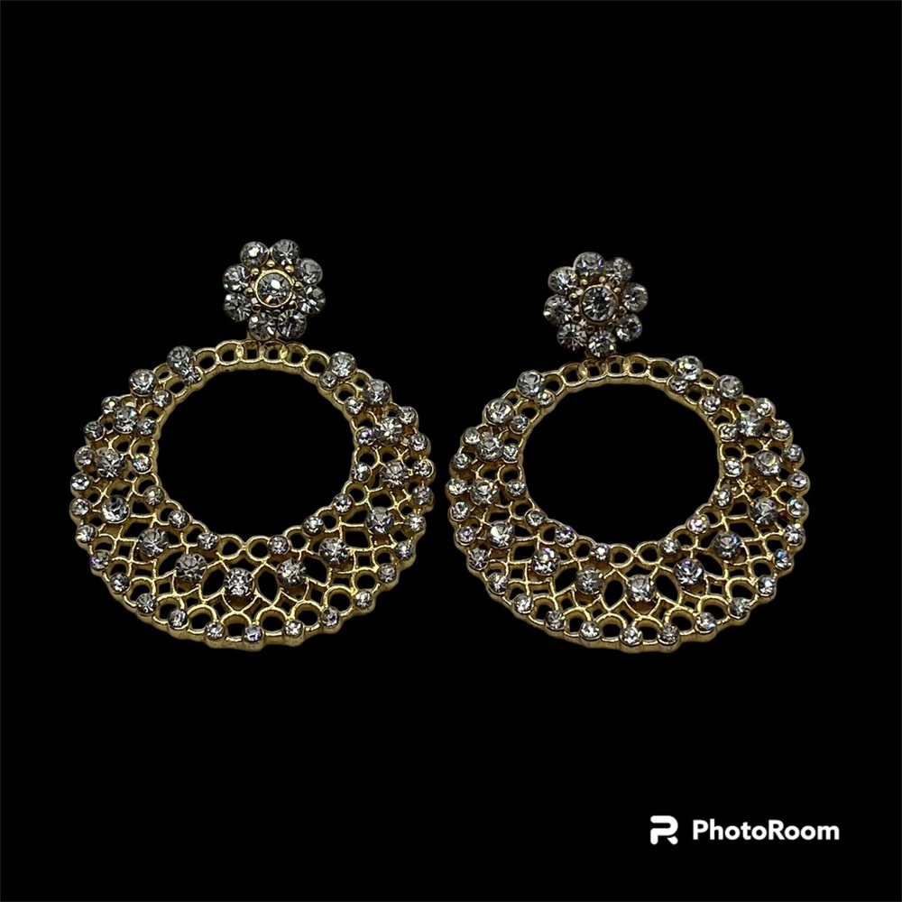 Gold Tone Rhinestones Dangle Drop Filigree Openwork Circle Hoop Fashion Earrings
